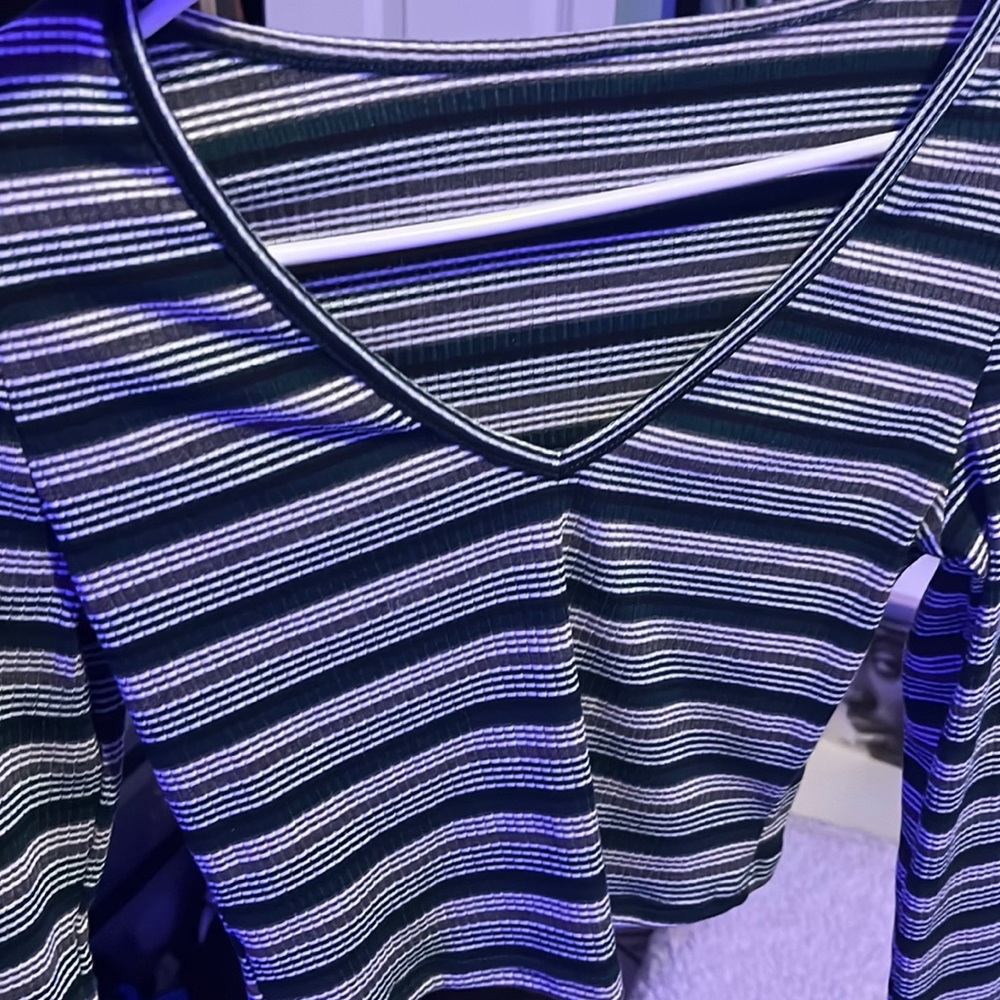 green and white striped v neck longsleeve